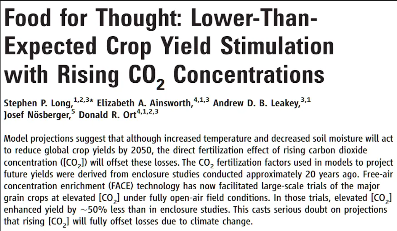Food for Thought: Lower-Than-Expected Crop Yield Stimulation with Rising CO2 Concentrations